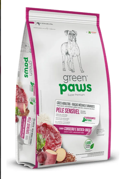 Ração Seca Green Paws Cão Adulto Médio Grande Cordeiro Batata Doce 12kg