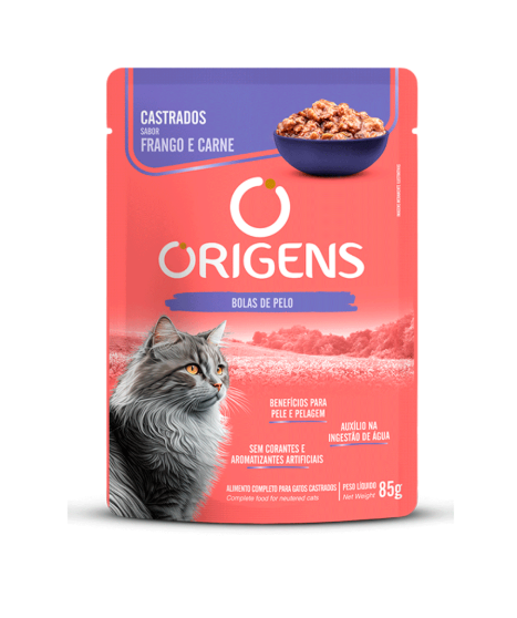Ração Úmida Origens Gatos Castrados Frango e Carne 85 g